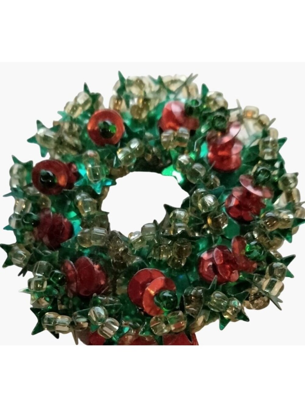 Handcrafted Christmas Wreath Pin Brooch Beaded Holly VelvetVintage